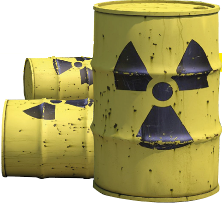 Gelbe Atommüll-Fässer mit schwarzem Radioaktiv-Symbol